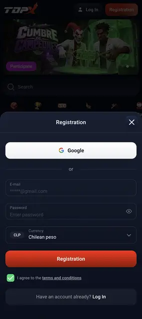 Alta de cuenta con moneda CLP y acceso con Google en el sitio de TopX