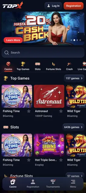 TopX — portada con la promoción de cashback y los juegos más populares